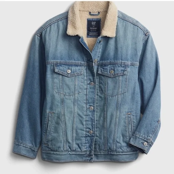 GAP Teen Oversized Denim Sherpa Jacket - Size 10 - Picture 3 of 9